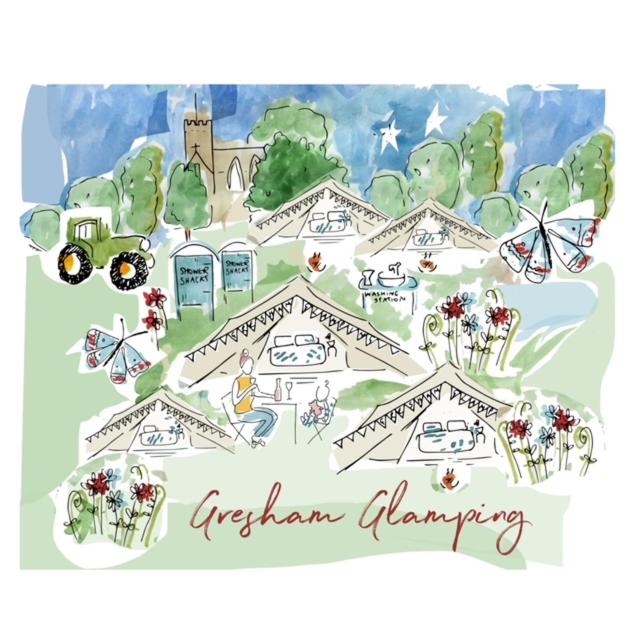 a drawing of a village with butterflies and flowers at Gresham Hall Glamping in Aylmerton