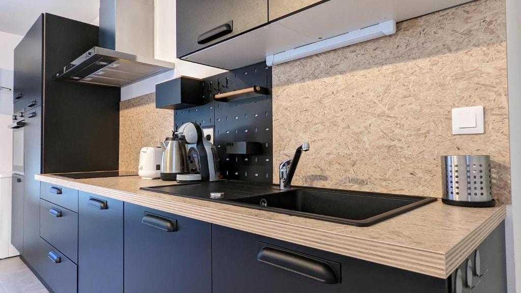 a kitchen with a sink and a counter top at Le petit Moulin de la Motte in Bellenot-sous-Pouilly