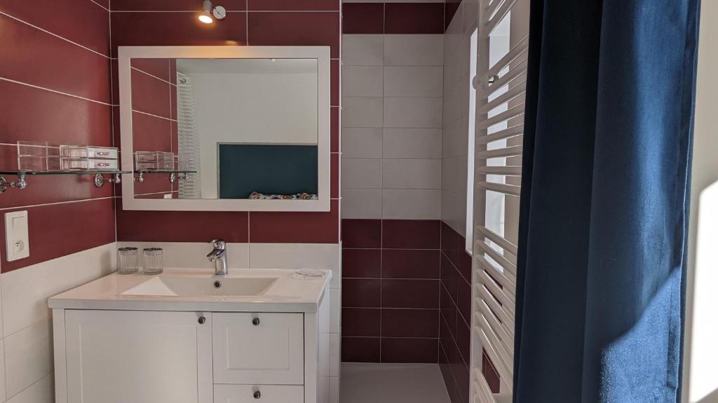 a bathroom with a sink and a mirror at Le petit Moulin de la Motte in Bellenot-sous-Pouilly