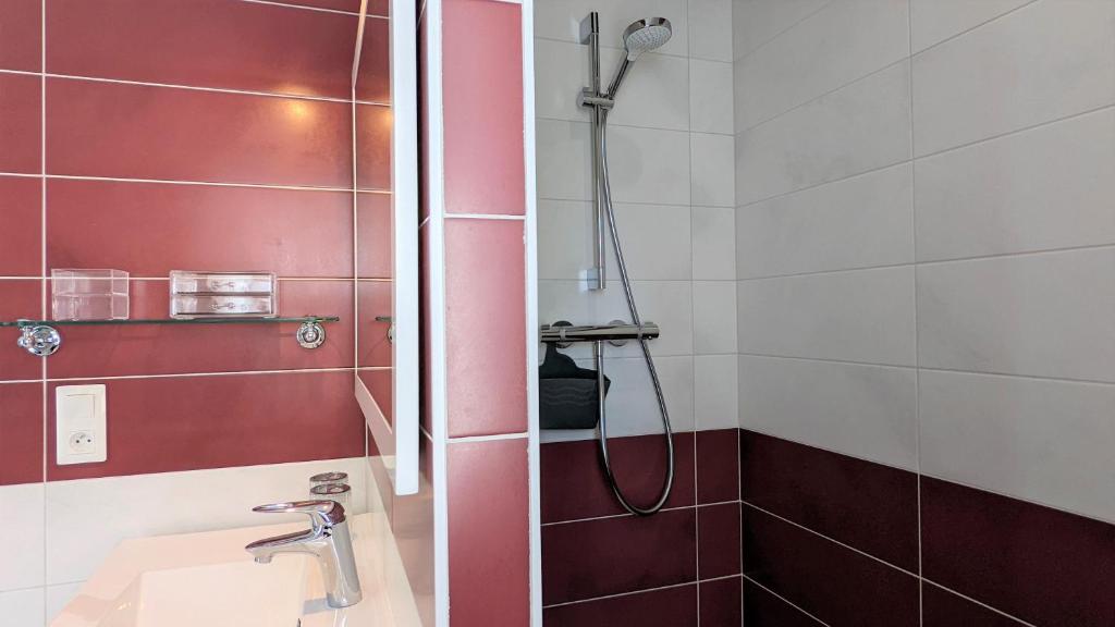 a bathroom with a shower and a sink at Le petit Moulin de la Motte in Bellenot-sous-Pouilly