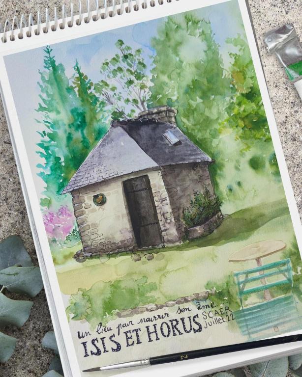 une peinture aquarelle d'une maison dans l'établissement Isis et Horus ressourcement, à Scaër