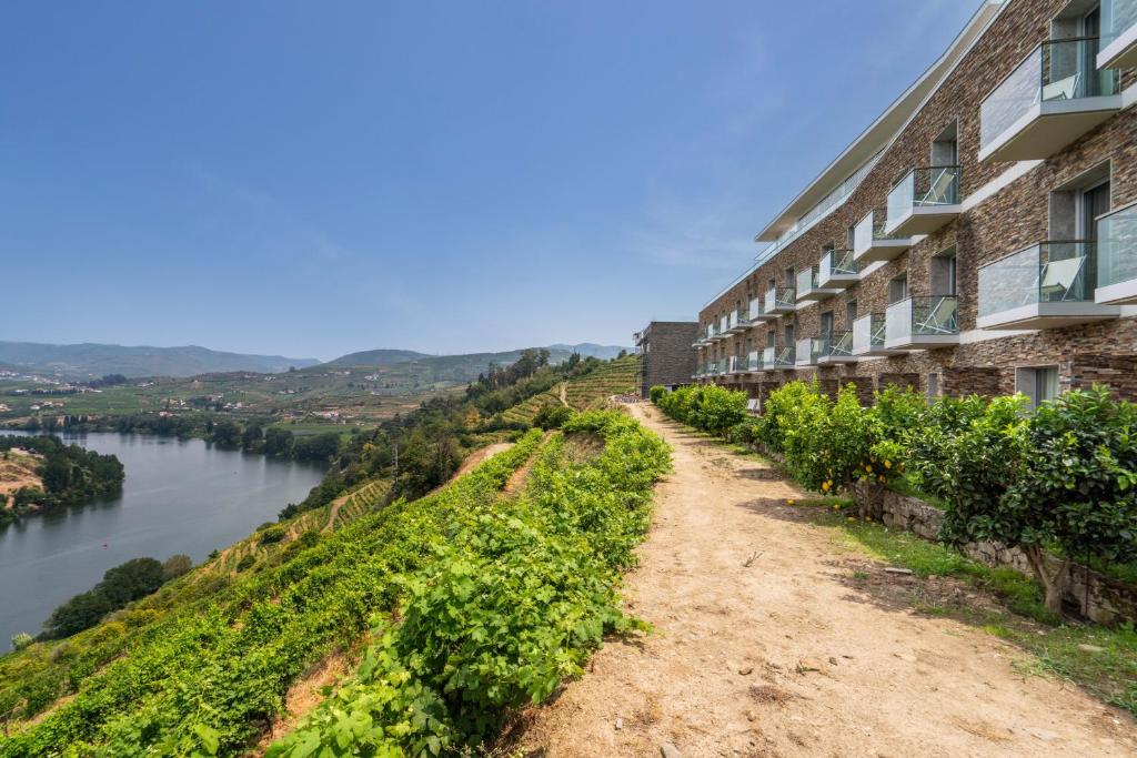 a building on a hill next to a river at Delfim Douro Hotel in Lamego