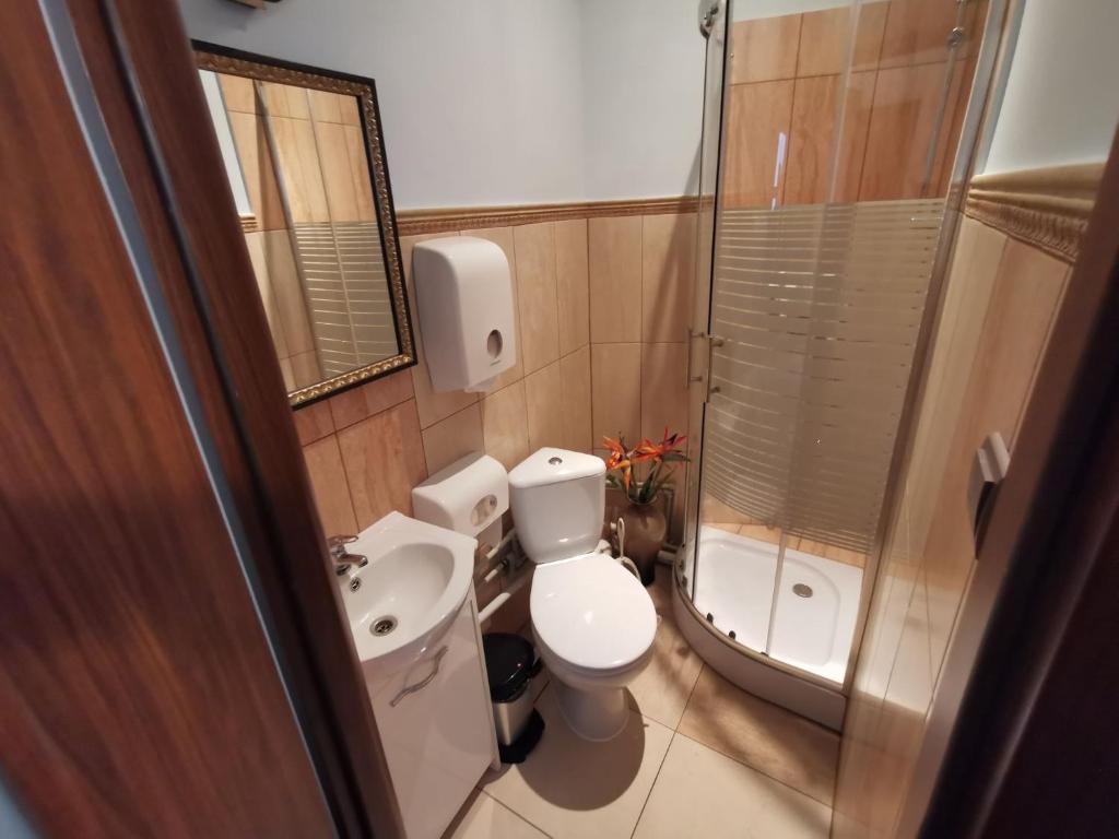 a small bathroom with a toilet and a sink at Jedności Hostel in Zielona Góra