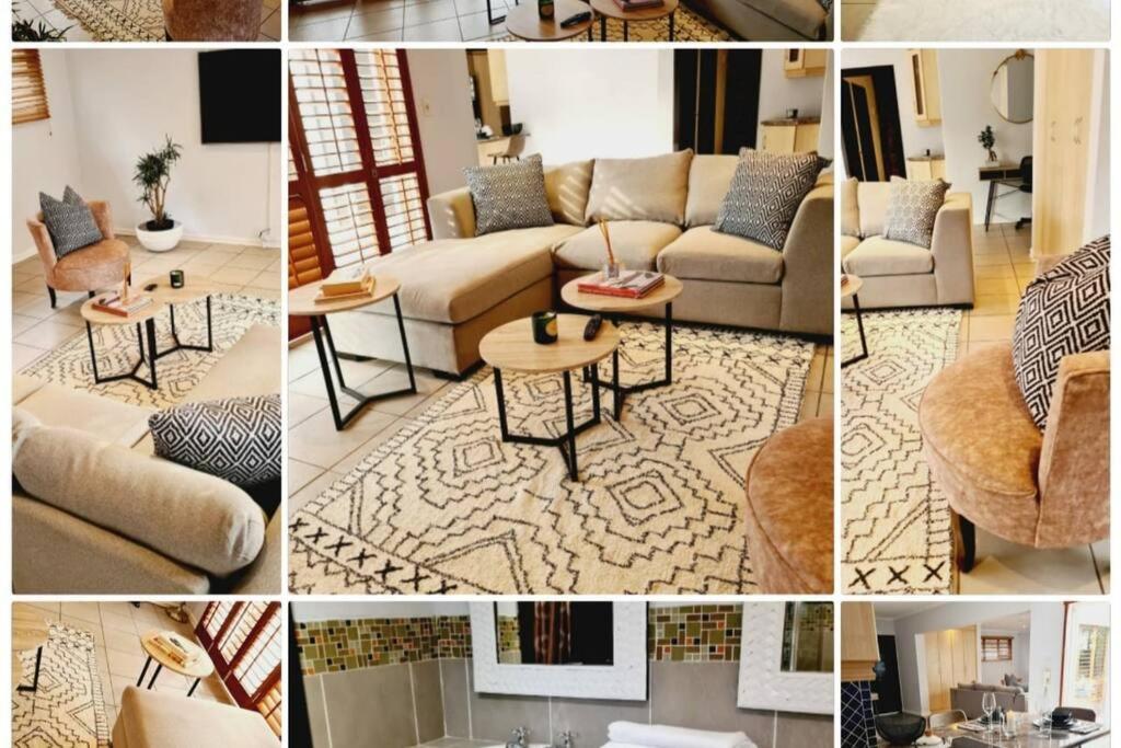 un collage de fotos de una sala de estar con muebles en Finna's lovely 1-bedroom open plan vacation home. en Germiston