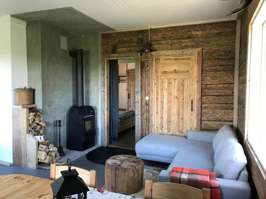 Cozy Stuga - Mountain View في Ramsele: غرفة معيشة مع أريكة زرقاء وجدار خشبي