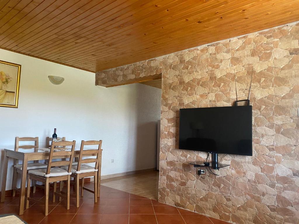 un salon avec une télévision sur un mur en pierre dans l'établissement Apartman BUKOVAC, à Žabljak