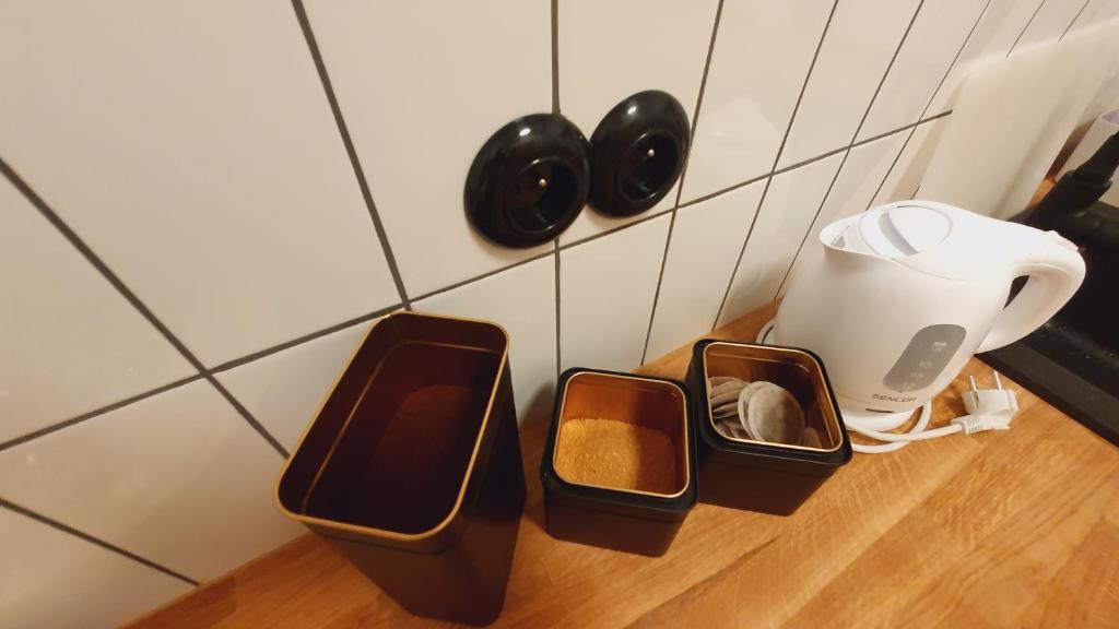 Príslušenstvo na prípravu kávy alebo čaju v ubytovaní Kurkowa Apartment