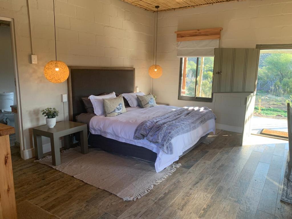 Un dormitorio con una cama grande y una ventana en Namakwa Country Cottage, en Calvinia