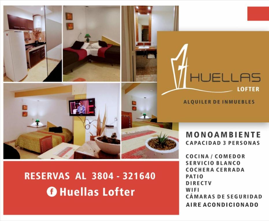 un collage de fotos de una habitación de hotel en monoambiente huellas2 en La Rioja