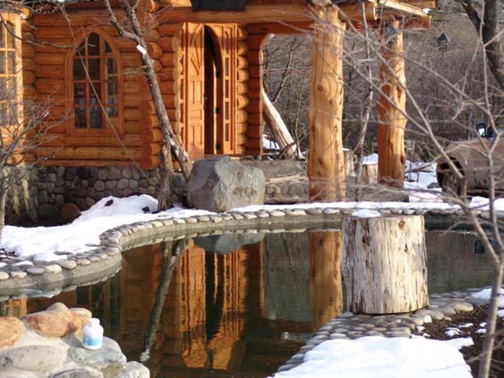 a log cabin with a pond in the snow at Casa Termas de Chillan in Las Trancas