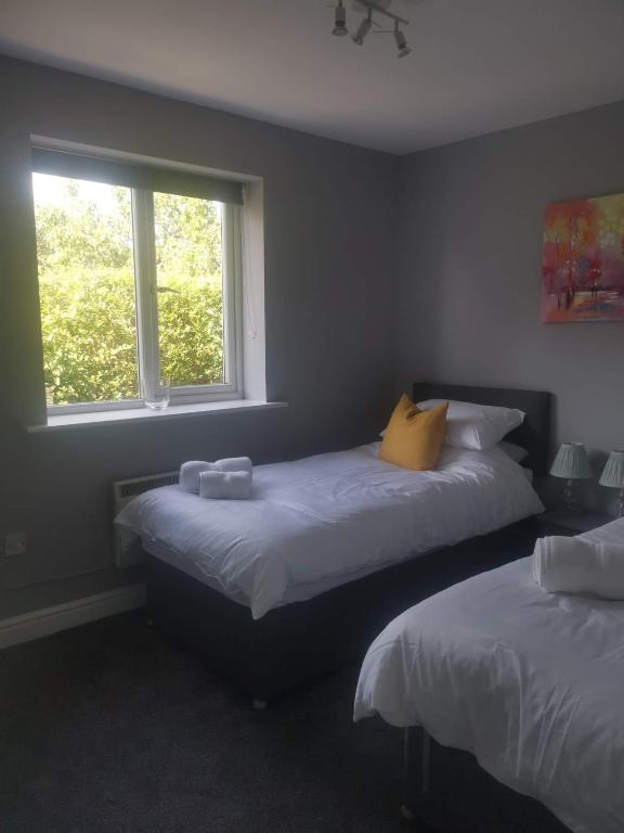 two beds in a room with two windows at Green Street Retreat in York