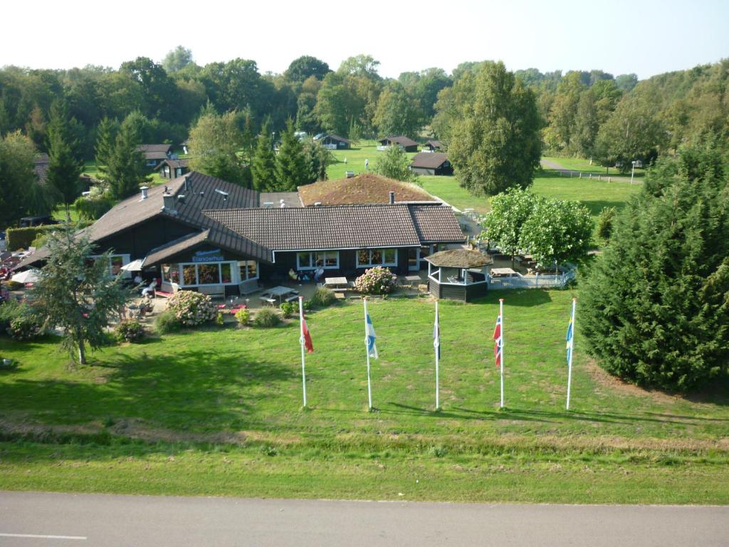 un grupo de banderas delante de una casa en Scandinavisch dorp en Eelderwolde