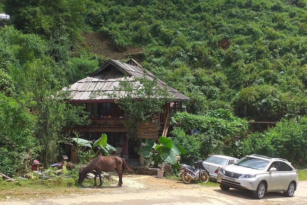 a horse grazing in front of a house and a car at Fieu House in Lao Cai