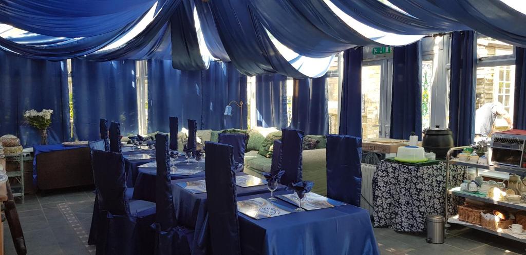 ソールズベリーにあるShiralee bed and breakfastの青いテーブルと椅子(青いカーテン付)が備わる客室です。