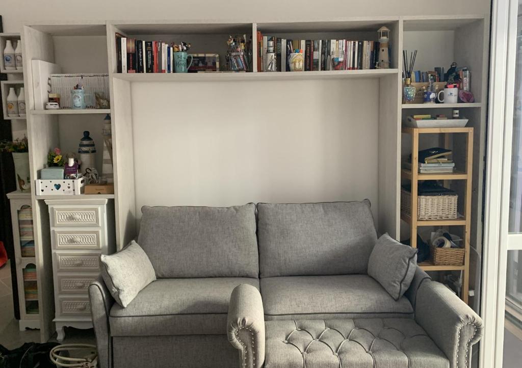 a living room with a couch and book shelves at Eve Home Suite Home in Nettuno