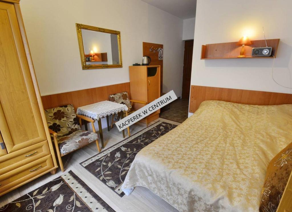 1 dormitorio con cama y espejo en Kacperek w centrum Willowa 4A, en Szczyrk
