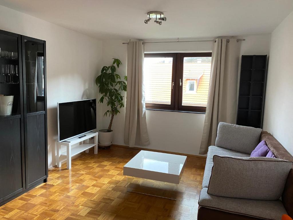 uma sala de estar com um sofá e uma televisão em Ferienwohnung am Marktplatz em Weinheim