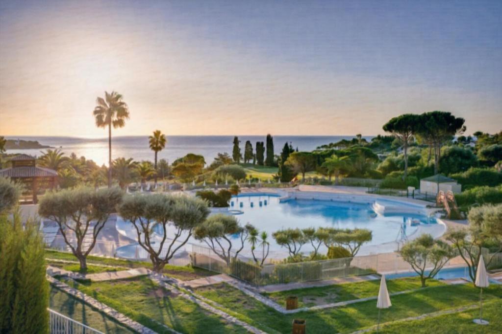 uma vista para uma piscina com o oceano ao fundo em Garden level with sea view for 6 people em Saint-Raphaël