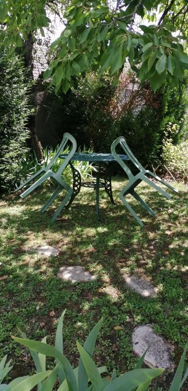 a metal bench sitting in the grass in a park at L&#39;Orme Seul, Maison d&#39;hôtes in Vineuil