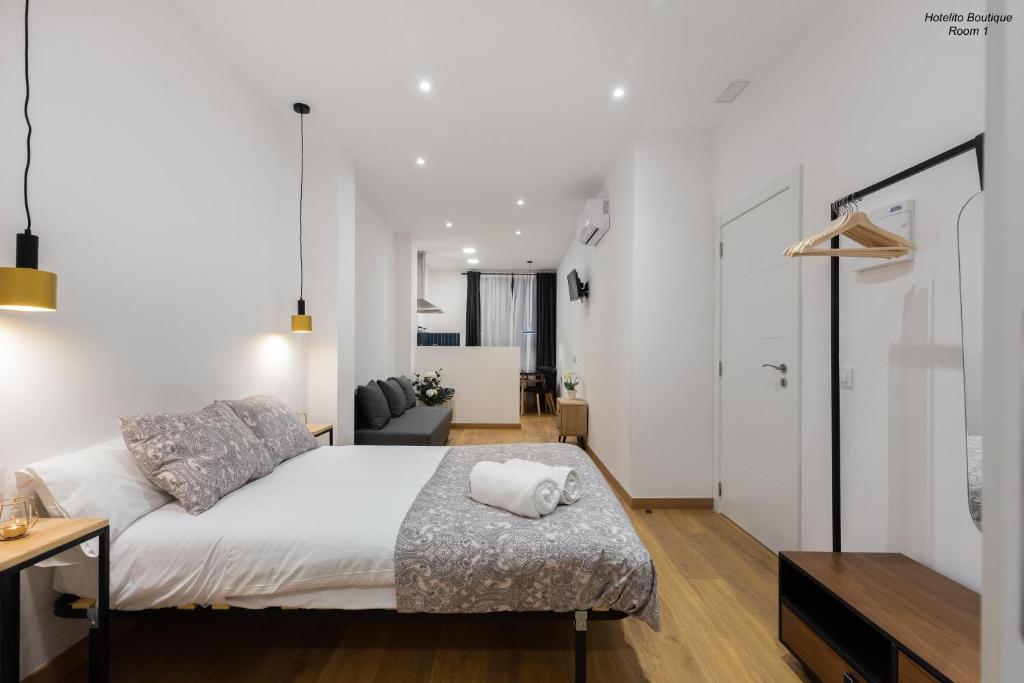 1 dormitorio con 1 cama y sala de estar en Hotelito Boutique Valencia Estación, en Valencia