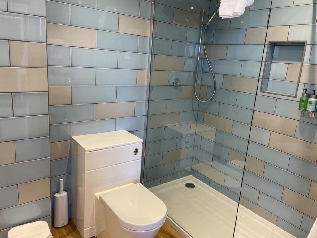 a bathroom with a toilet and a glass shower at The Randolph Hotel in Southwold