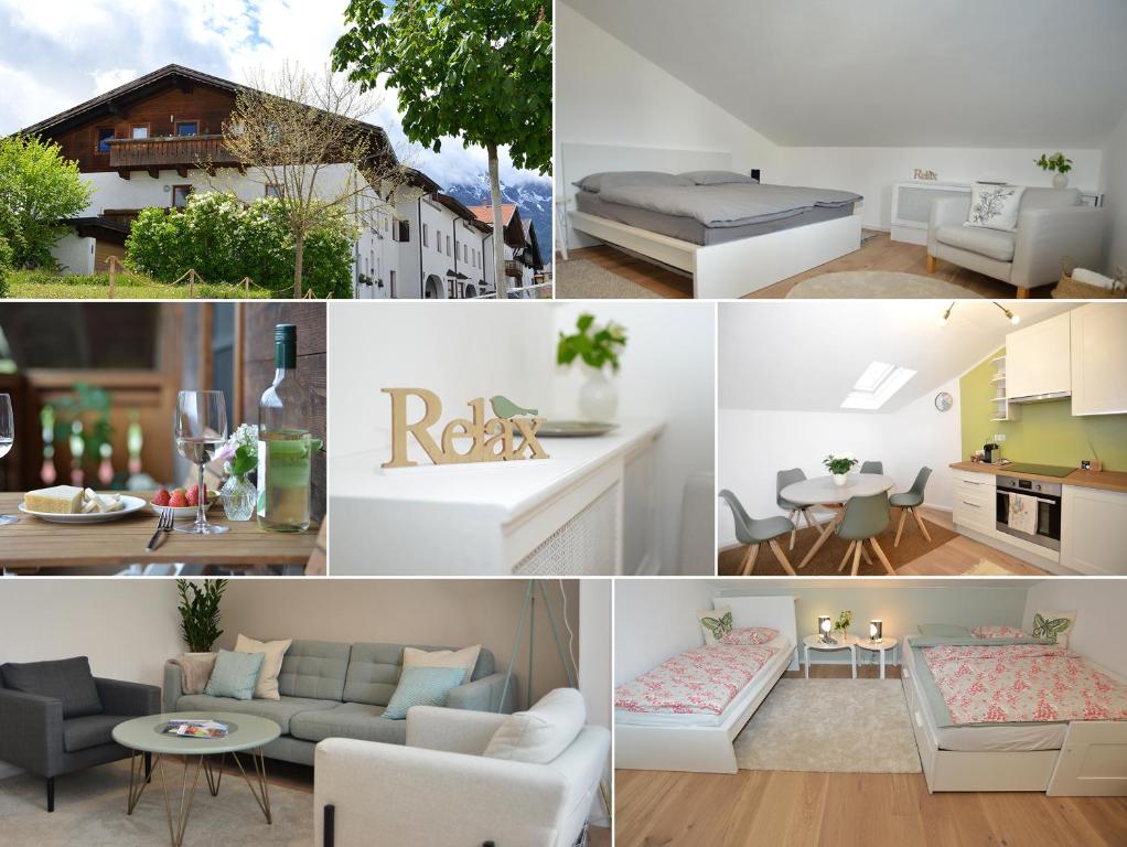 eine Collage mit Fotos von einem Wohnzimmer und einer Küche in der Unterkunft Ferienwohnung Innsbruck-Vill in Innsbruck