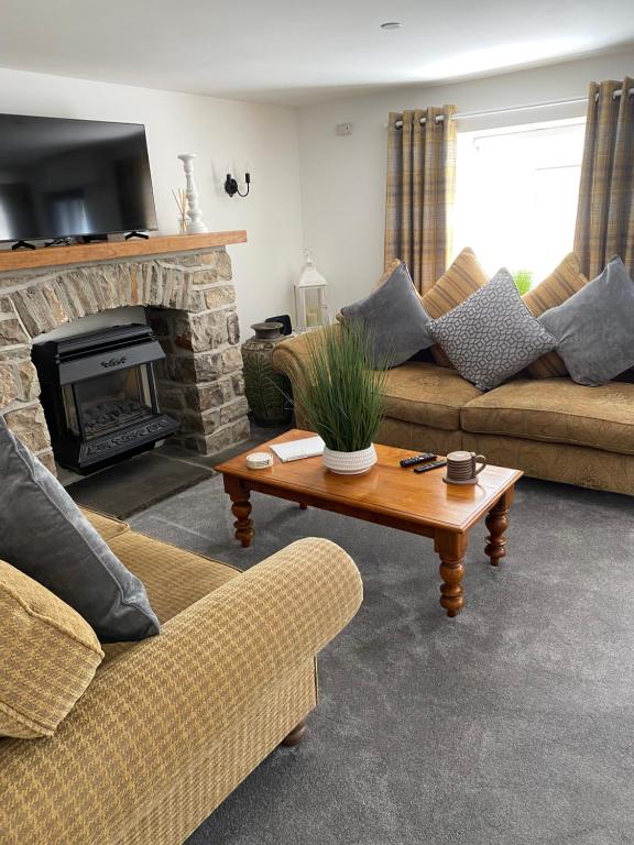 a living room with two couches and a fireplace at The Cottage in Ystradgynlais