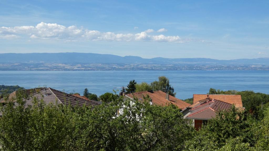 un grupo de casas con el agua al fondo en Au coucher du lac, en Publier