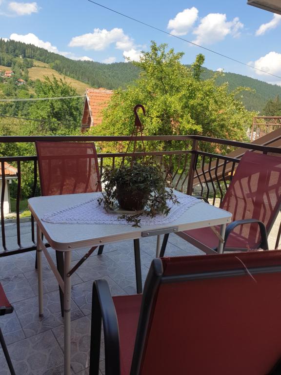 una mesa con una planta en la parte superior de un balcón en Kod nane Cane, en Nova Varoš