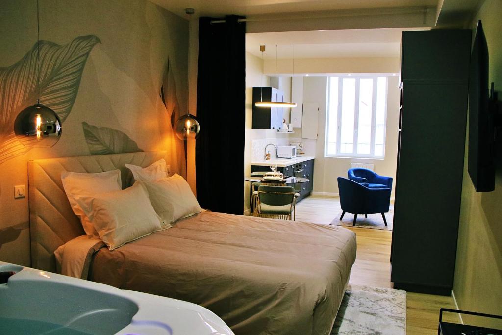 1 dormitorio con 1 cama y escritorio en una habitación en Appartement luxueux avec Jacuzzi privatif en Roanne