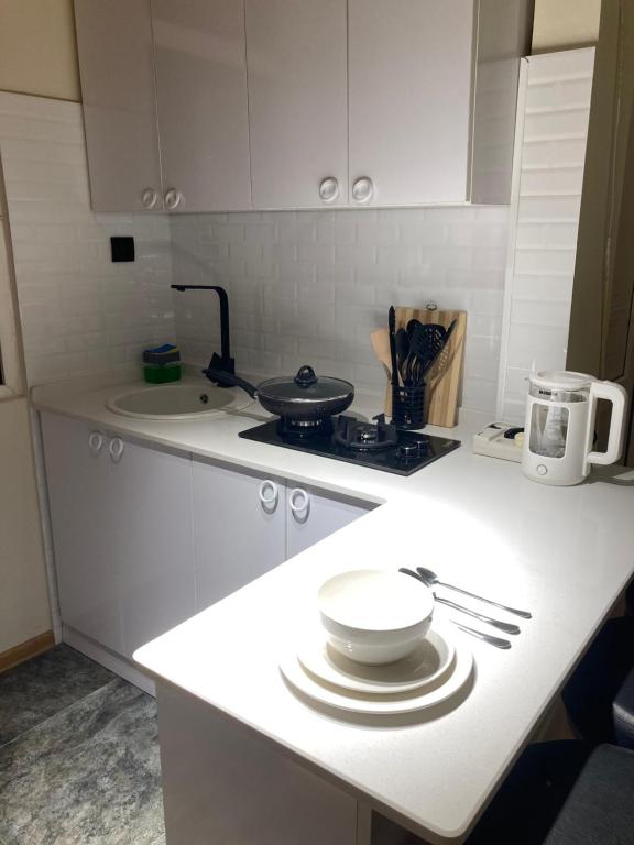 a kitchen with a counter with a bowl on it at Apartment Kostava 10 in Batumi