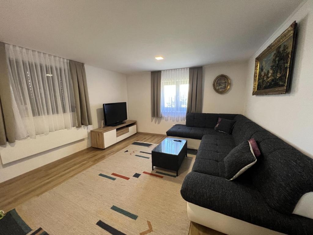 a living room with a couch and a tv at The Brengova house in Mala Nedelja