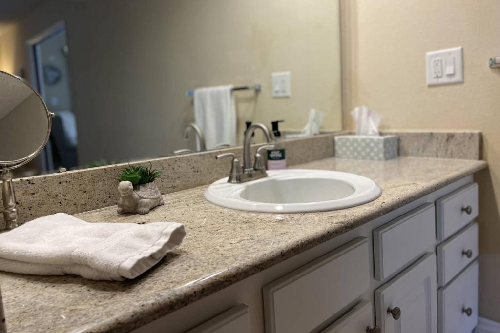 a bathroom counter with a sink and a mirror at Newly Listed! 20 Percent Off! Golf and Tennis Community Retreat in Wesley Chapel