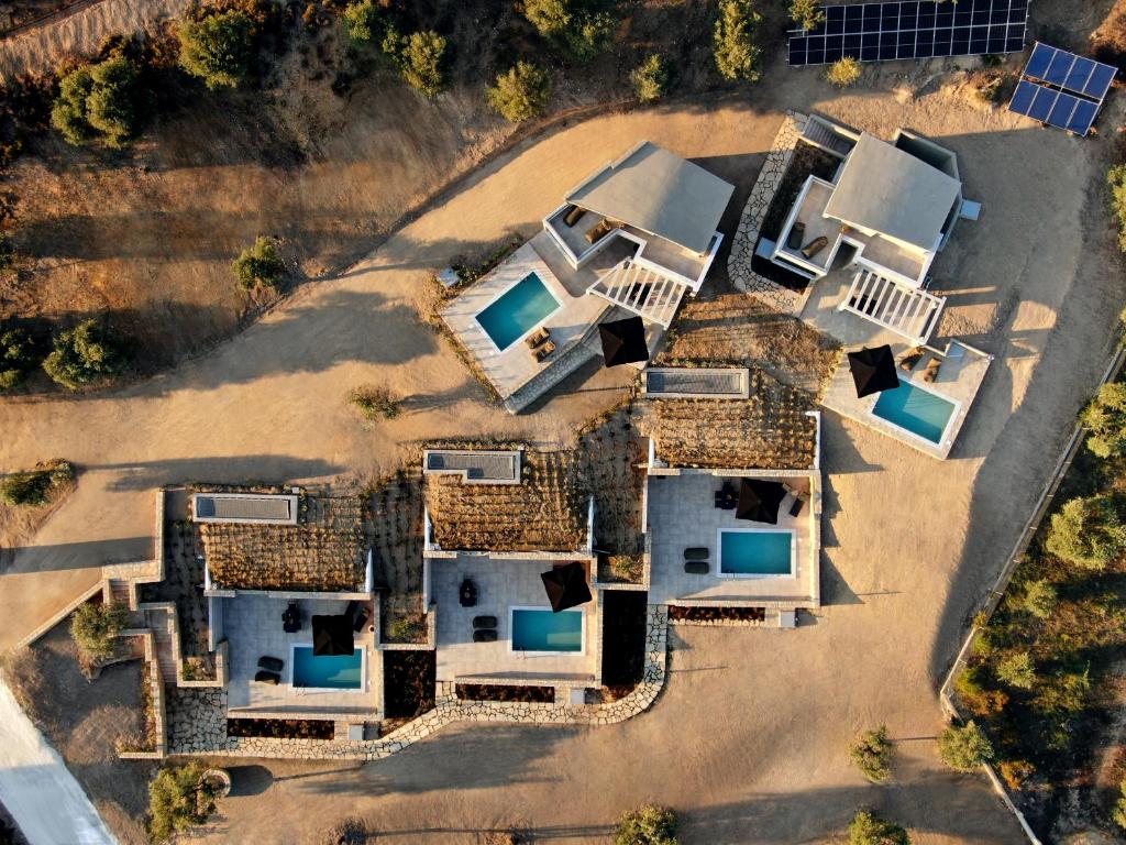 an overhead view of a group of homes at Fari Stone Villas in Skala Marion