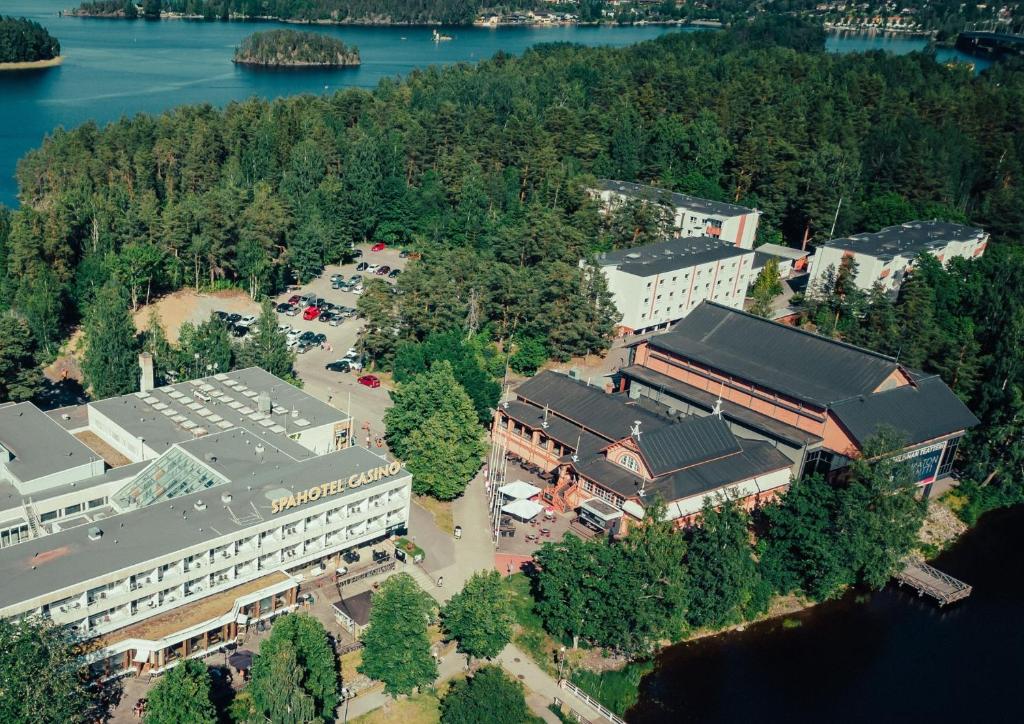 an overhead view of a building with a train station at Summer Hotel Vuorilinna in Savonlinna