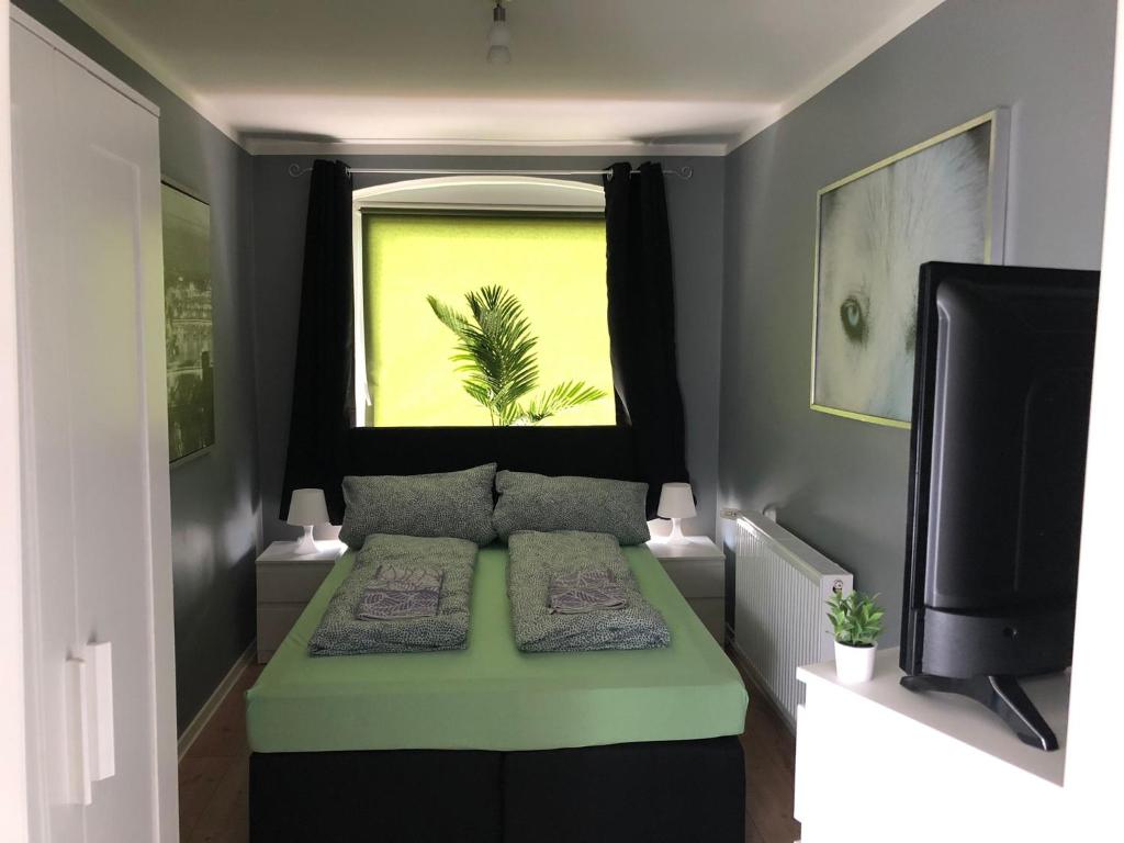 Cette petite chambre comprend un lit vert et une fenêtre. dans l'établissement Flensburg Zentrum 50 04, à Flensbourg