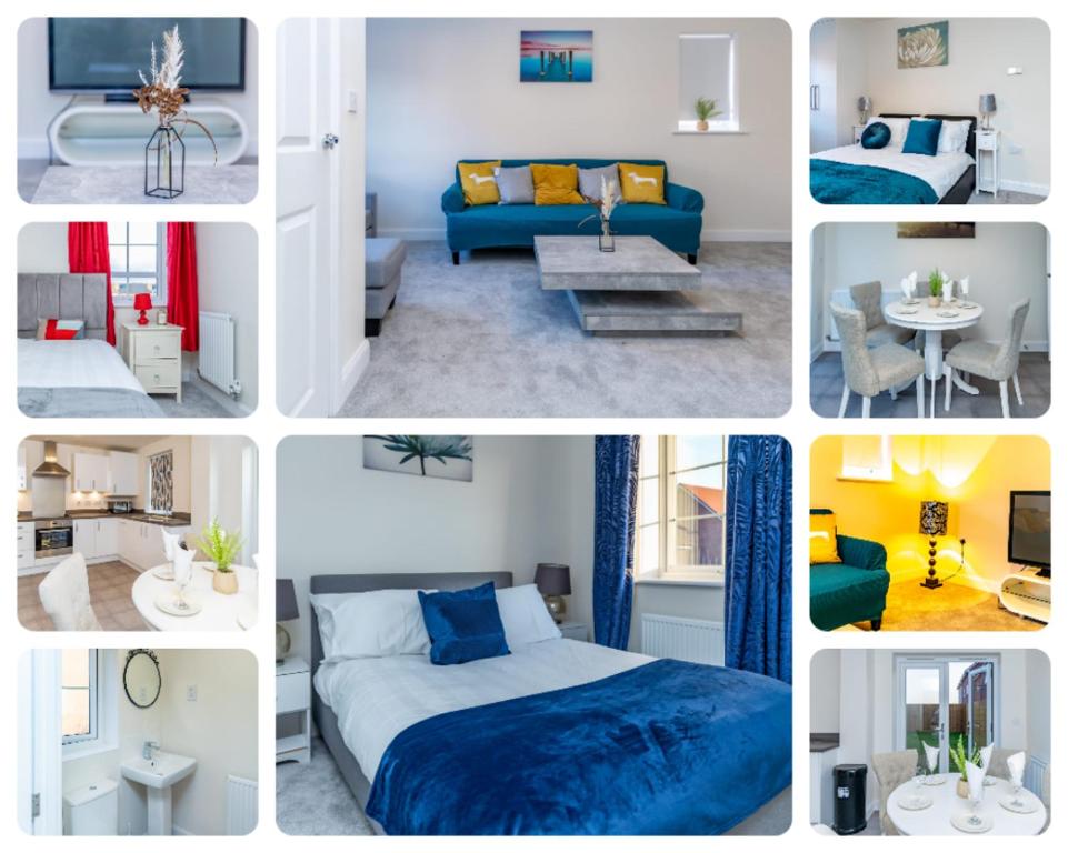 a collage of photos of a bedroom and a living room at Stunning 3-Bed Risa House in Beeston Nottingham in Nottingham