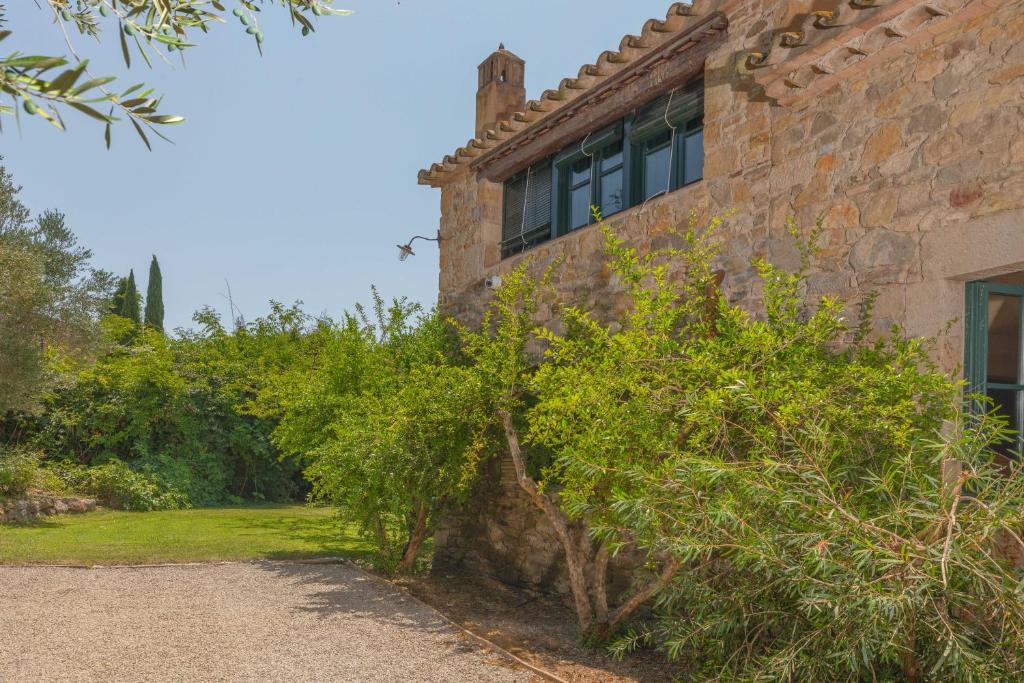 un bâtiment en pierre avec un arbre en face dans l'établissement Flateli Mas Llop, à Sant Climent de Peralta