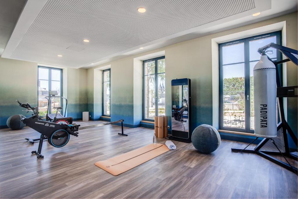 a gym with a treadmill and a exercise bike at Fleur de Loire in Blois