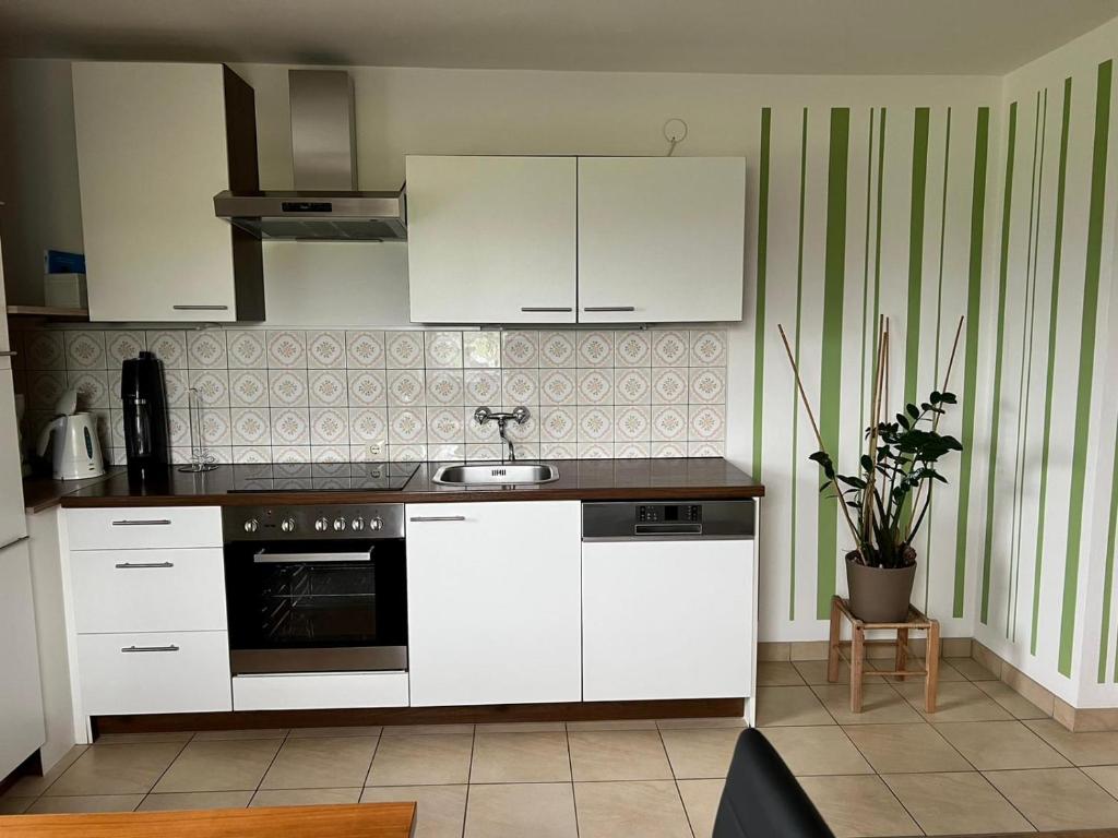a kitchen with white cabinets and a sink at Ferienwohnung am Mattsee in Guggenberg