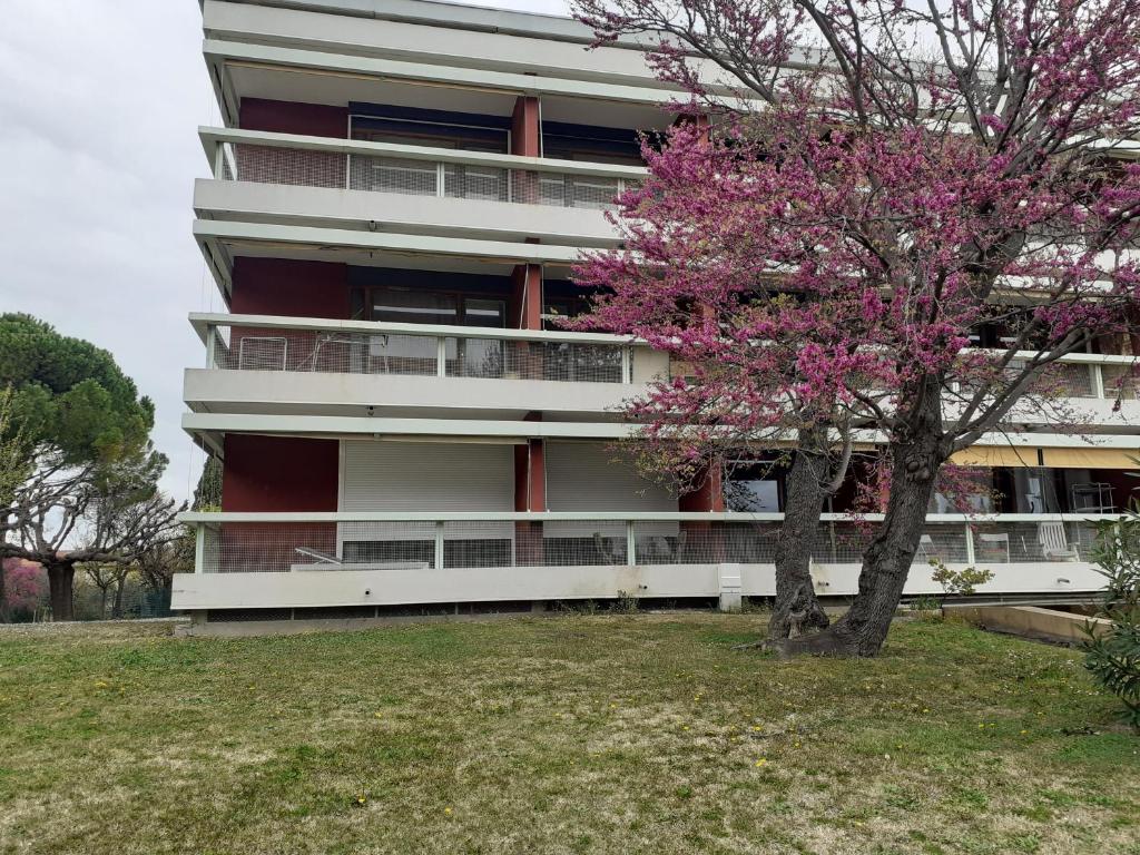 un edificio con un árbol florido delante de él en Antony Real en Orange