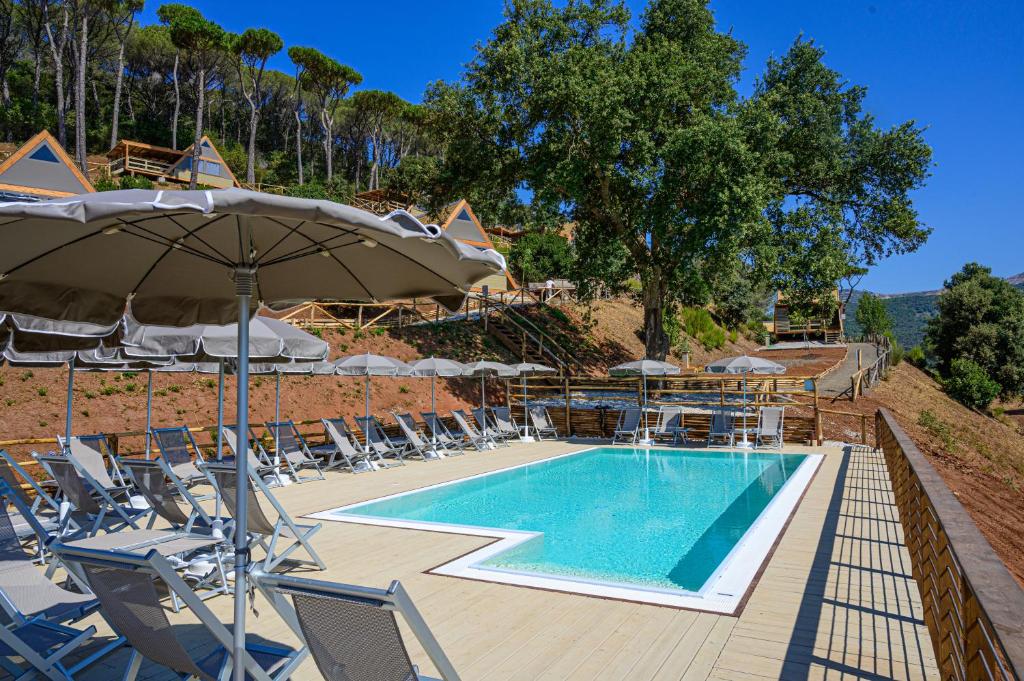 a swimming pool with chairs and an umbrella at Il Castagno Toscana Glamping in Campiglia Marittima