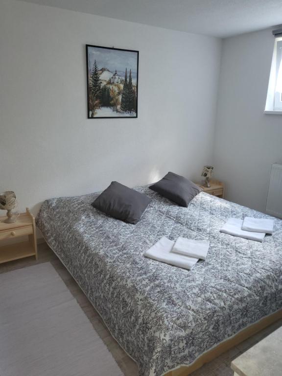 um quarto com uma cama com duas toalhas em Ubytovanie U Emmy em Banská Štiavnica