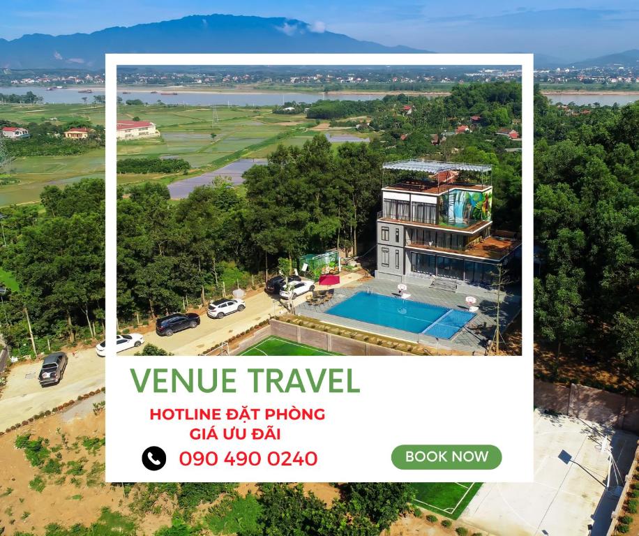 an aerial view of a house with a swimming pool at Cung Mây Villas - Venue Travel in Ba Vì
