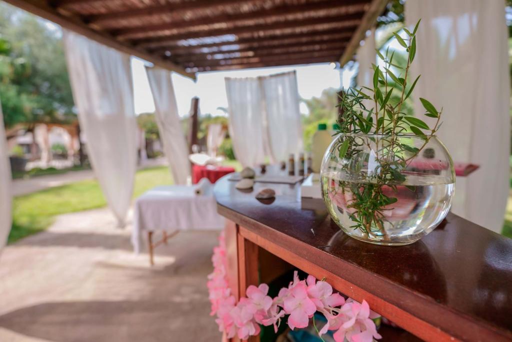 a vase sitting on a table with a plant in it at Il Monastero in Geremèas