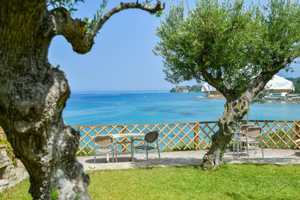 a tree with two chairs and the ocean in the background at Bella Vista Sea View Apartments in Tragaki