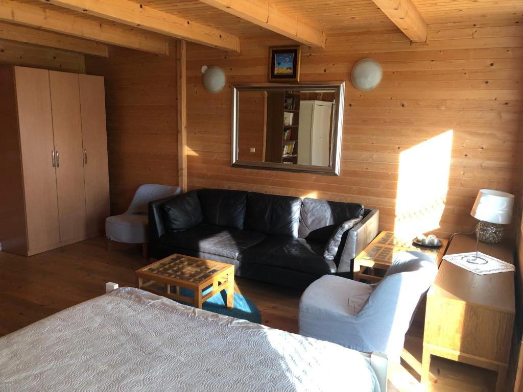 Ruang duduk di Charming wooden house in Ada Bojana