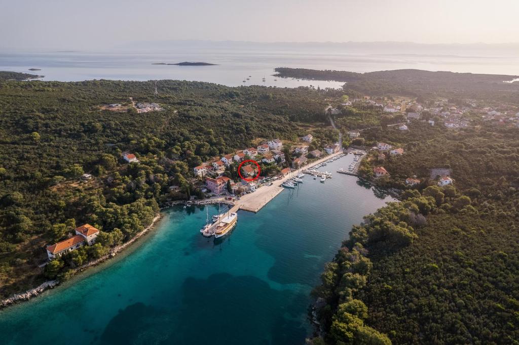 eine Luftansicht einer kleinen Insel in einem Wasserkörper in der Unterkunft Apartments by the sea Molat - 18433 in Molat