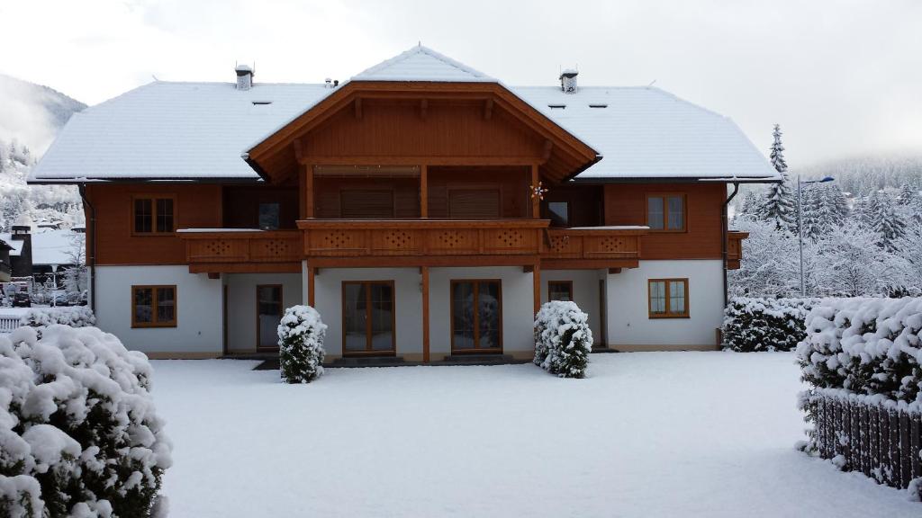 ein schneebedecktes Haus mit schneebedeckten Büschen in der Unterkunft House Arianna in Bad Kleinkirchheim