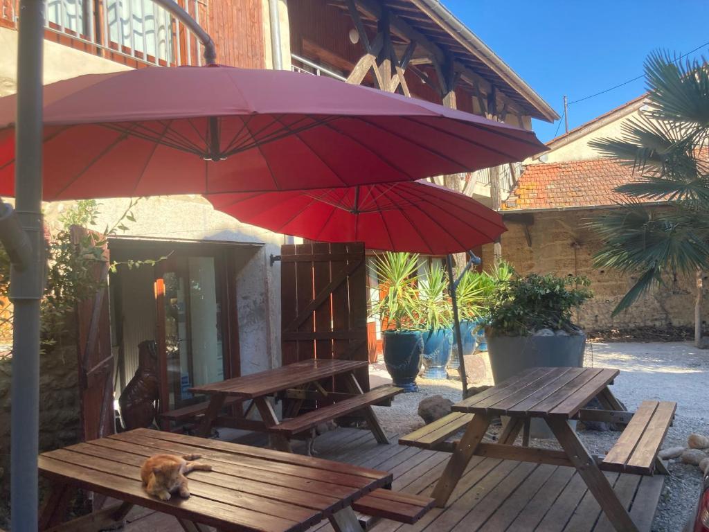 dwa stoły piknikowe z czerwonymi parasolami na patio w obiekcie Chambres d hotes THE RESID w mieście Pérouges